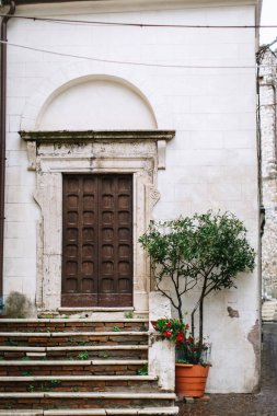 Old European facade of a white house with a beautiful wooden door, stucco, and arch. Brick steps lead to the door, and a green tree in a pot grows on the right.