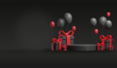 Kara Cuma Arkaplan Konsepti. Gerçekçi 3D tasarım sahne podyumu, yuvarlak stüdyo, siyah ve kırmızı balonlar, hediye kutusu siyah, kırmızı fiyonk. Yaratıcı pazarlama kavramı.