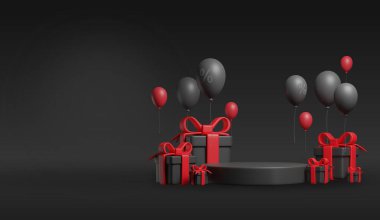 Kara Cuma Arkaplan Konsepti. Gerçekçi 3D tasarım sahne podyumu, yuvarlak stüdyo, siyah ve kırmızı balonlar, hediye kutusu siyah, kırmızı fiyonk. Yaratıcı pazarlama kavramı.