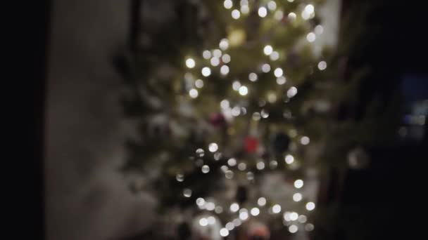 Defocused View Beautiful Christmas Tree Background Bokeh Shimmering Light Bulbs — Wideo stockowe