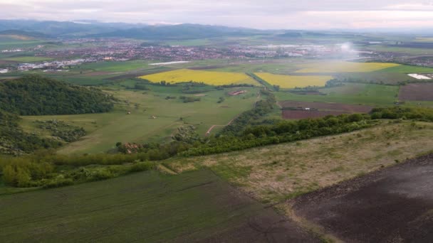 Aerial Video Countryside Area Farm Rape Fields Background Footage Shot — Vídeo de Stock