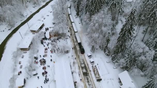 在冬季 一架蒸汽火车的无人驾驶飞机在火车站停放时拍下了空中镜头 视频是在放松高度和倾斜相机时拍摄的 罗马尼亚马拉穆尔县一列窄轨火车的录像 — 图库视频影像