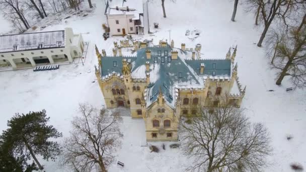 罗马尼亚Iasi县Sturdza城堡的空中录像 视频是由一架无人驾驶飞机拍摄的 同时降低了高度 并将摄像机抬高以保持大楼的对焦 罗马尼亚巴洛克城堡的无人机画面 — 图库视频影像
