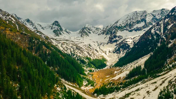 Karpatlar 'ın bahar zamanındaki panoramik manzarası, tepeler karla kaplıydı. Fotoğraf, yüksek irtifadaki bir drondan çekilmiş. Bahar mevsiminde dağların kuş bakışı manzarası