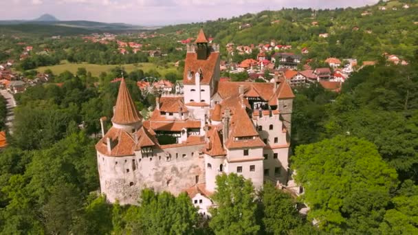 Pohled Ptačí Perspektivy Draculův Hrad Rumunském Branu Záběry Byly Pořízeny — Stock video