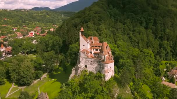 Pohled Ptačí Perspektivy Draculův Hrad Rumunském Branu Záběry Byly Pořízeny — Stock video