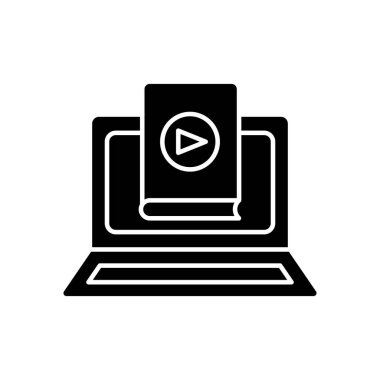 Çevrimiçi kitap simgesi vektörü. Eğitici okur yazarlık, dizüstü bilgisayar, kitap. Katı ikon tarzı, kabartma. Basit tasarım illüstrasyon düzenlenebilir