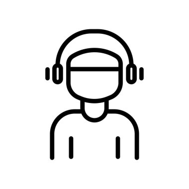 İnsanlar kulaklık takarak ikona yön veriyor. Müzik çal, müzik dinle. çizgi simgesi tarzı. Basit tasarım illüstrasyon düzenlenebilir