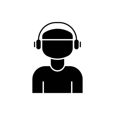 İnsanlar kulaklık takarak ikona yön veriyor. Müzik çal, müzik dinle. Katı ikon tarzı, kabartma. Basit tasarım illüstrasyon düzenlenebilir