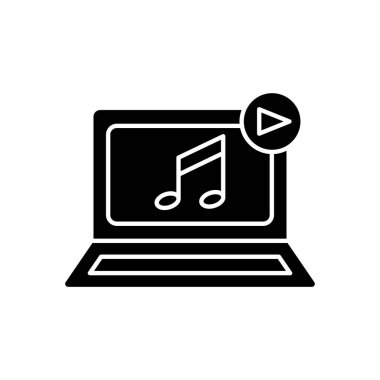Tonu ve başlama düğmesi olan dizüstü bilgisayar vektör simgesi. Müzik, müzik. Katı ikon tarzı, kabartma. Basit tasarım illüstrasyon düzenlenebilir