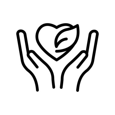 Kalp ve yaprağı olan el ikonu vektörü. Sağlıklı yaşam, sağlıklı çevre, ekoloji. çizgi simgesi tarzı. Basit tasarım illüstrasyon düzenlenebilir