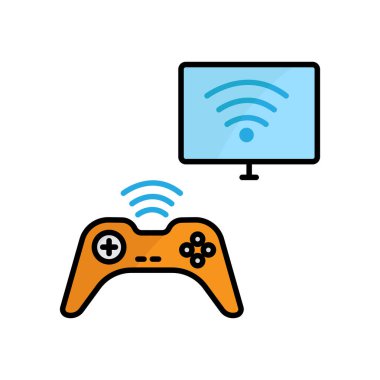 Monitörlü ve sinyalli Joystick simgesi. Akıllı aygıtla ilgili simge. Doğrusal renk simgesi biçimi. Basit tasarım düzenlenebilir