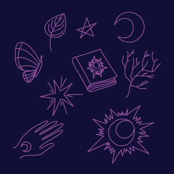 A set of magical icons with elements of purple nature on a dark blue background. — Stock Vector