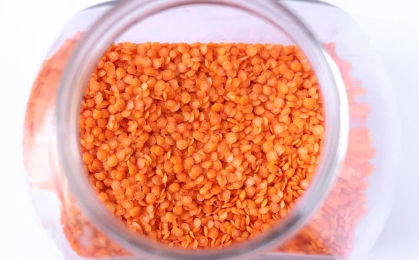 Red Lentils Glass Jar Isolated White Background — Fotografia de Stock