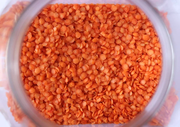 Red Lentils Glass Jar Isolated White Background — Fotografia de Stock