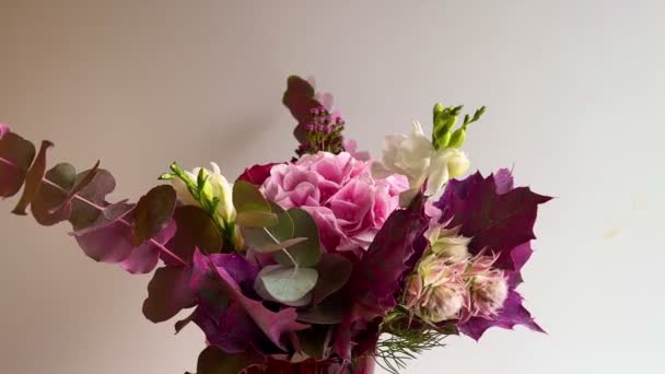 Beau Bouquet Roses Fraîches Oeillet Freesias Hortensia Eucalyptus Aux Couleurs — Video