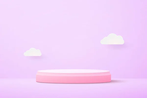 Pastel Rosa Podio Sobre Fondo Púrpura Claro Papel Cortado Nubes — Vector de stock