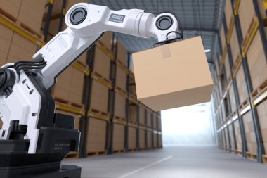 Robot kol depodaki karton kutuyu depodaki Automation robot kolunu alıyor. 3B illüstrasyon
