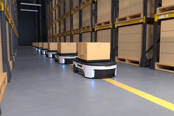 倉庫内の自律ロボット輸送 倉庫自動化の概念 3Dイラスト — ストック写真