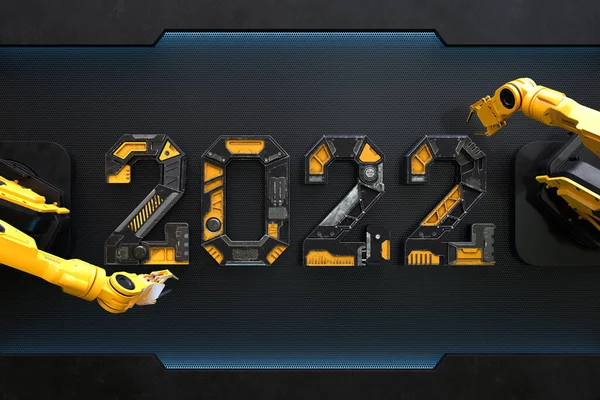 Happy New Year Robot Arm Assembling Numbers 2022 Illustration Stock Image