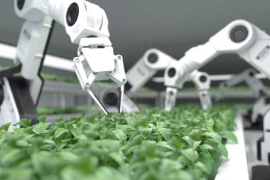 Akıllı robot çiftçiler, robot çiftçiler, tarım teknolojisi, çiftlik otomasyonu. 3B illüstrasyon