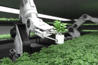 Akıllı robot çiftçiler, robot çiftçiler, tarım teknolojisi, çiftlik otomasyonu. 3B illüstrasyon