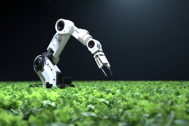 Akıllı robot çiftçiler, robot çiftçiler, tarım teknolojisi, çiftlik otomasyonu. 3B illüstrasyon