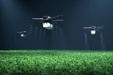 Drone 'un sebze yeşili bitkilere gübre sıkması, tarım teknolojisi, çiftlik otomasyonu. 3B illüstrasyon
