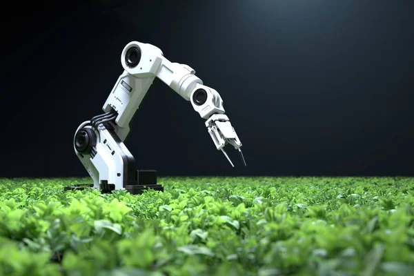 Akıllı robot çiftçiler, robot çiftçiler, tarım teknolojisi, çiftlik otomasyonu. 3B illüstrasyon