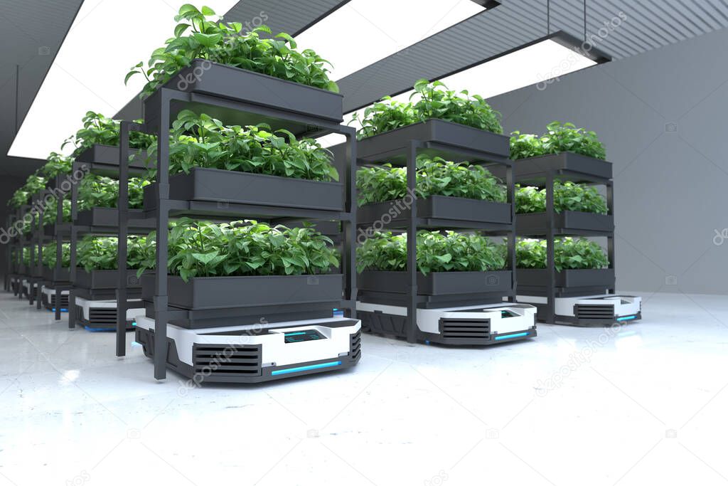 Automatic transport robot transporting plants, Smart robotic farmers concept. 3D illustration