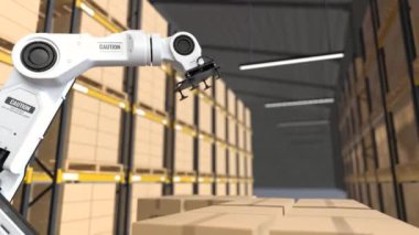 Robot kolu depodaki karton kutuyu topluyor, otomatik robot kolu depoda. 