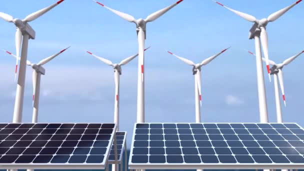 Větrné Mlýny Solární Panely Proti Modré Obloze Koncept Čisté Energie — Stock video