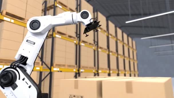 Robot Arm Picking Cardboard Box Warehouse Automation Robot Arm Storehouse — Stock Video