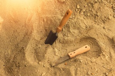 Shovel in the sand.Skeleton and archaeological tools.Digging for fossils. High quality photo clipart