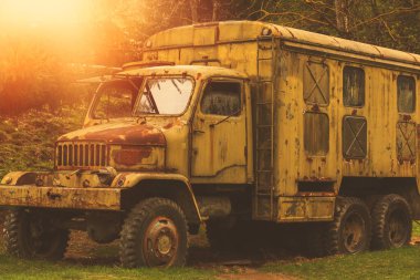 Yeşil alanda askeri kamyon enkazı. Yüksek kalite fotoğraf