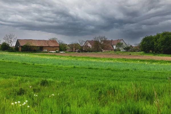 Pradera Verde Además Pequeño Pueblo Paisaje Agrícola Foto Alta Calidad — Foto de Stock