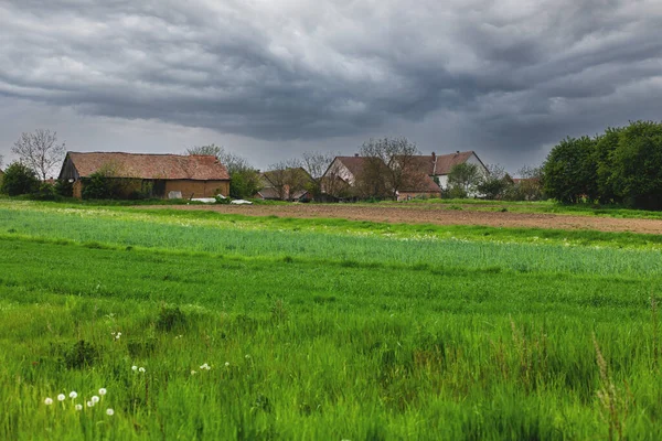 Pradera Verde Además Pequeño Pueblo Paisaje Agrícola Foto Alta Calidad — Foto de Stock