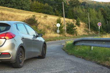  Yeşil alanın oradaki kır yolunda bir araba. Kaliteli bir fotoğraf. Yüksek kalite fotoğraf