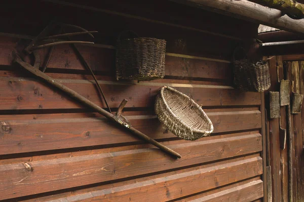 Old Peasant Tools Hanging Wooden Wall Animal Farm High Quality — Stock Photo, Image
