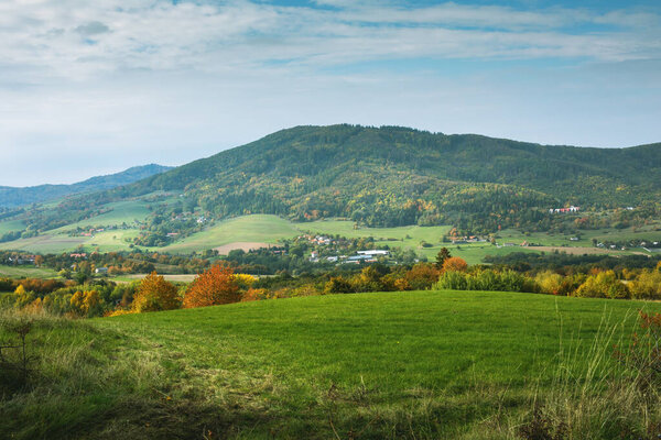 Hilly rural landscape in autumn season. High quality photo