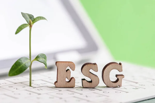 ESG, vit dator tangentbord, grön bakgrund. Miljö, sociala frågor, bolagsstyrning. Socialt ansvarsfulla investeringar. Begreppet hållbart. Gröna investeringar — Stockfoto