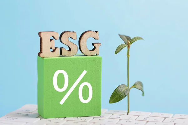 ESG-kreditprocentsats. ESG, vit dator tangentbord, blå bakgrund. Miljö, sociala frågor, bolagsstyrning. Socialt ansvarsfulla investeringar. Grön kredit — Stockfoto