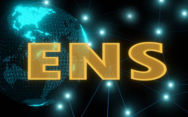 Mavi zemin üzerinde ENS ağı 3D illüstrasyon. Ethereum alan adı servis simgesi. Yerel Özerk Örgüt. Engelleme teknolojisi