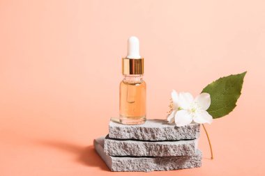 Ürün sunumu için minimum kozmetik arka plan. Pastel mercan rengi arka planda kozmetik şişe yağı podyumu ve çiçek. Model