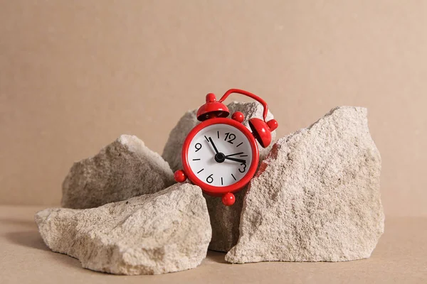 Time on clock in stone. Desertification Drought concept , underdevelopment Trapped Stone Age. Middle Ages