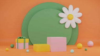 3d rendering kids podium, chamomile, abstract minimal orange background. Scene for advertising design, cosmetic ads, technology, banner, cream, fashion, kid, luxury. Illustration. Product display