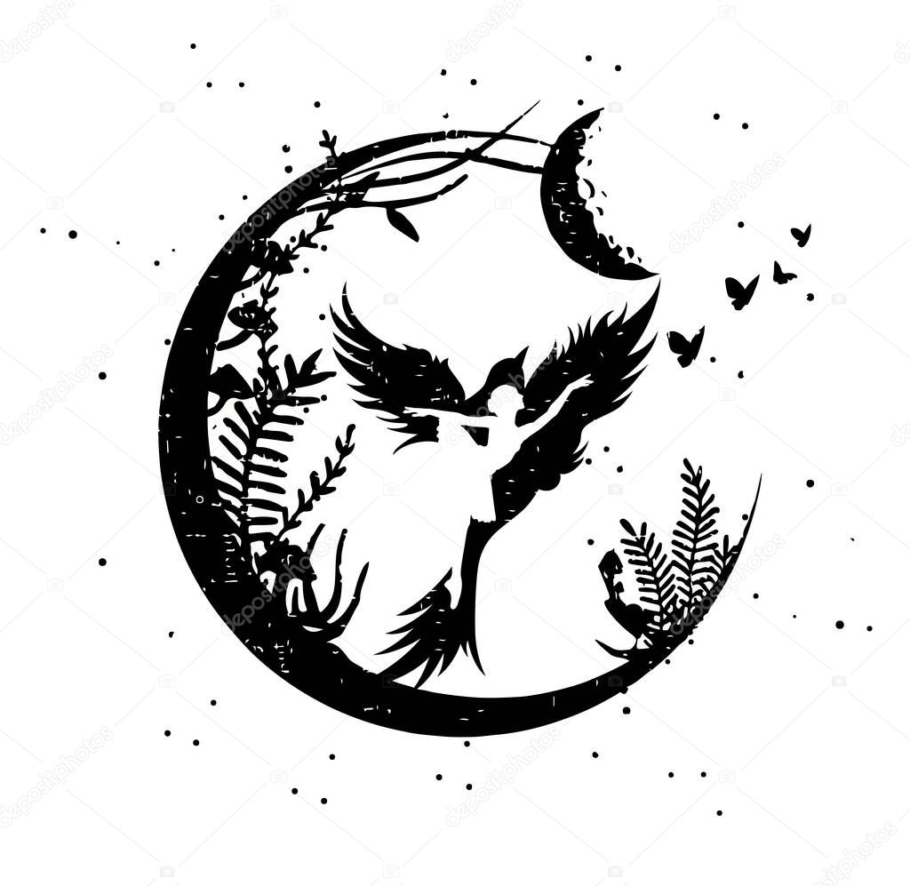 Ballet girl in the universe of the moon. ivy flowers around the moon. mystical drawing. Vector illustration isolated on a white background. Print, t-shirt, tattoo, card. moon celestial bodies design.
