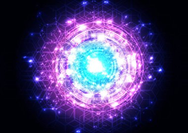 Büyük veri görselleştirmesi. Yapay zeka teknolojisi. Koyu mor ve mavi arkaplanda parlayan fütüristik dijital ağ iletişim ışığı, illüstrasyon vektör tasarımı arka plan.