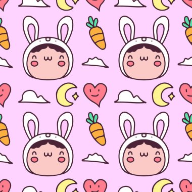 Tavşan şapkalı komik çocuk, havuç ve çizgi film karalamalarına bayılıyor. Kusursuz desen, poster veya giyim ürünleri için arkaplan çizimi.