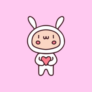 Tavşan kostümlü şirin bir bebek kalp karikatürü tutuyor. Tişört, poster, logo, çıkartma veya giyim ürünleri için çizimler.